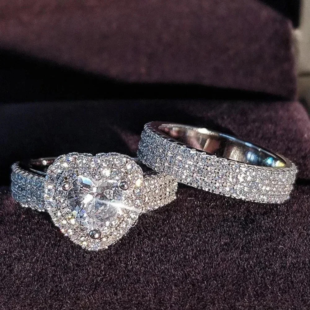 925 Sterling Silver Diamond Heart Ring & Eternity Band 2 Piece Ring Set